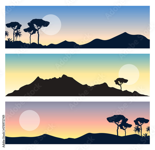 Set of beautiful landscapes. Panoramic views with mountains, sun, colorful sky and trees silhouettes. Vector horizontal banners. Nature backgrounds collection.