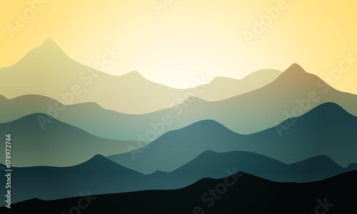Beautiful mountains landscape at the sunrise. Panoramic view of layered hills. Vector illustration. Green nature background.