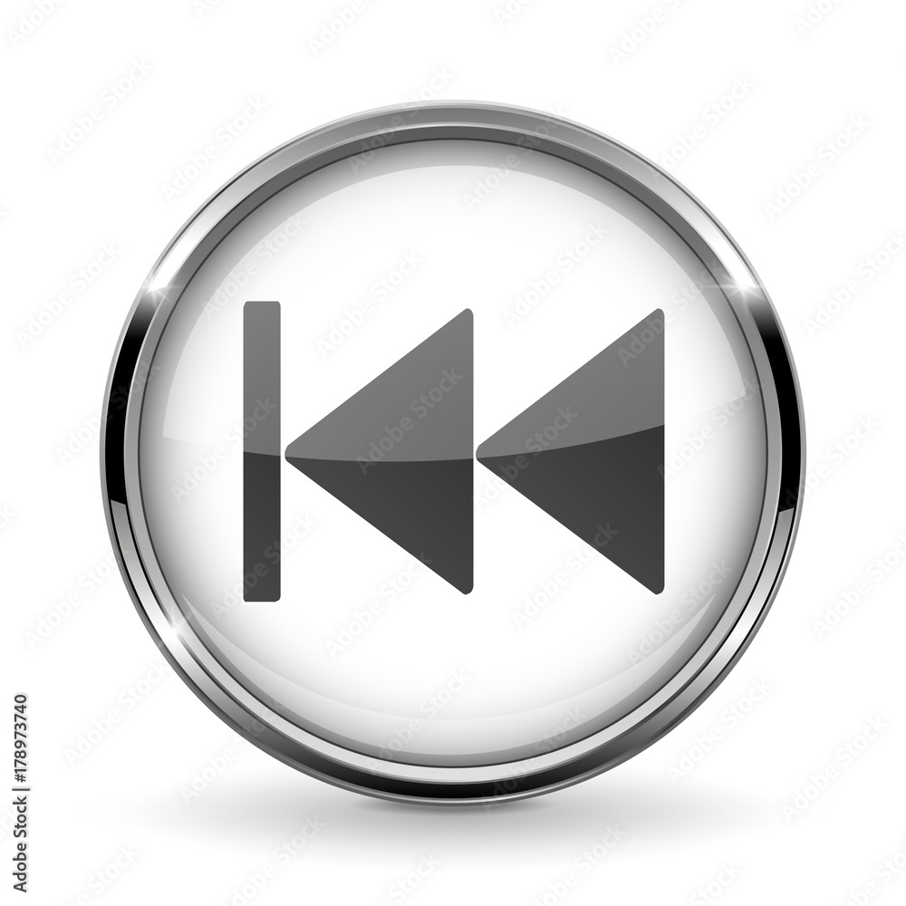 Round 3d button with metal frame. Rewind icon Round 3d button with metal frame. Rewind icon