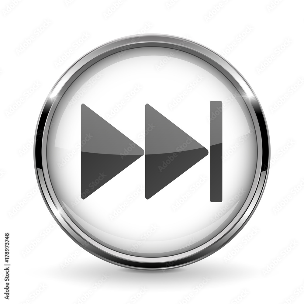 Round 3d button with metal frame. Fast forward icon Round 3d button with metal frame. Fast forward icon