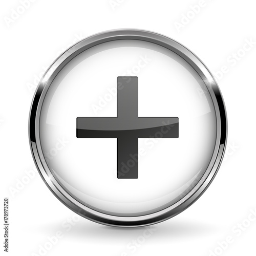 Round 3d button with metal frame. Plus or add icon