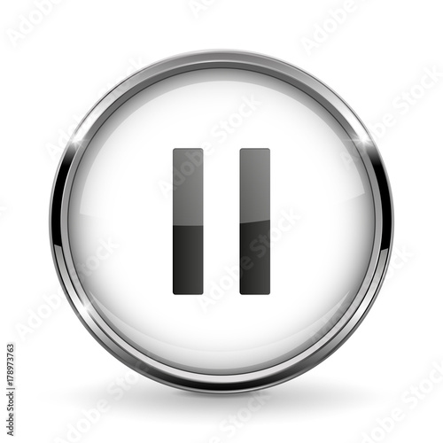 Round 3d button with metal frame. Pause icon