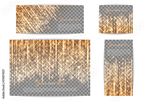 Collection of shimmering banners with golden glitter and starlight for the Christmas decoration of congratulations.