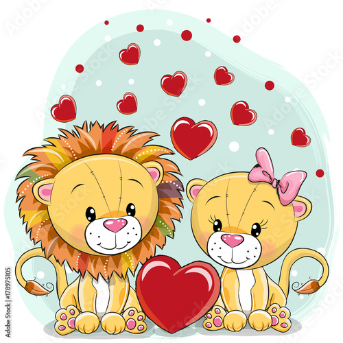 Two Lions with hearts on a blue background