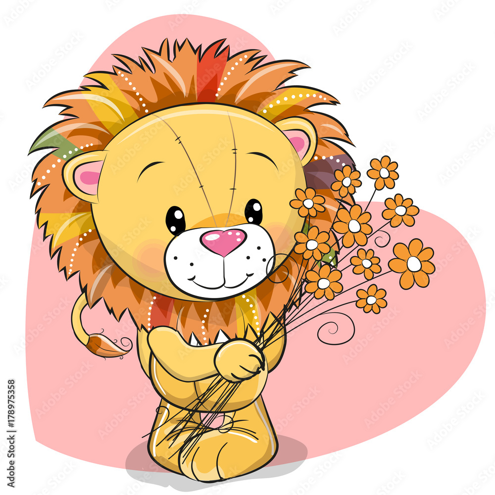 Fototapeta premium Greeting card cute Lion with flowers