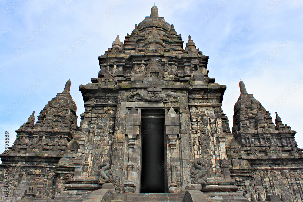 Sewu Temple is the second largest Buddhist temple complex in Java; built in 8th century; blue sky with white clouds