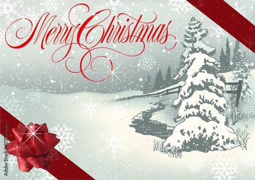 Merry Christmas Greeting with Winter Landscape and Red Glittering Ribbons with Bow - Snowy Illustration, Vector