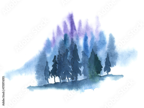 Watercolor illustration isolated on white background. Painting on wet. Blue forest in fog.