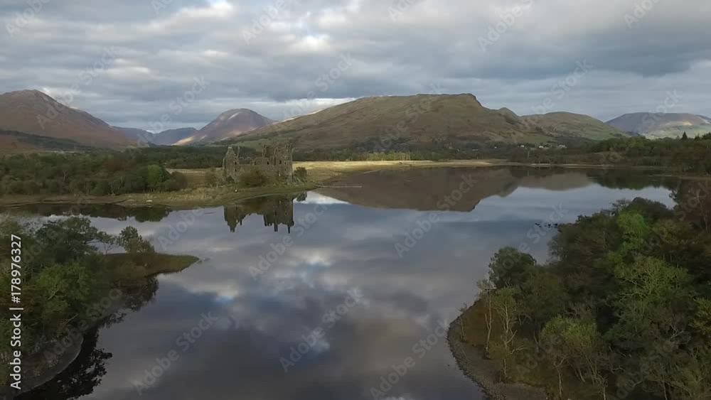 Aerial shot of Kilchurn castle ruin in the Scottish highlands
