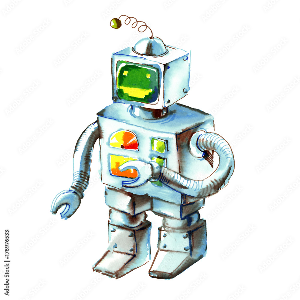 Naklejka premium cartoon watercolor doodle robot