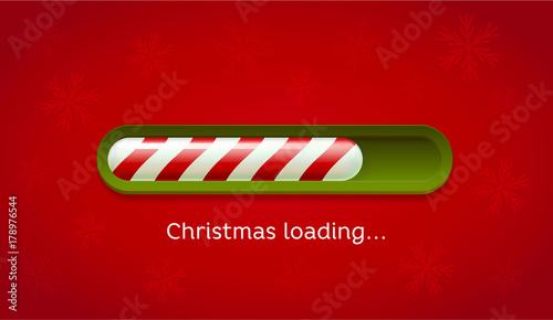 Loading Christmas. Red and green web bar on dark red background with snowflakes.