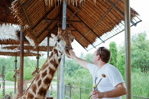 Canvas Print Handsome man feeding a giraffe in zoo. Dreams come true.