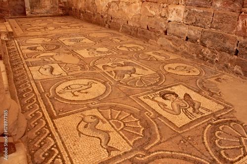 Ancient mosaic tile floor in great temple in Petra.