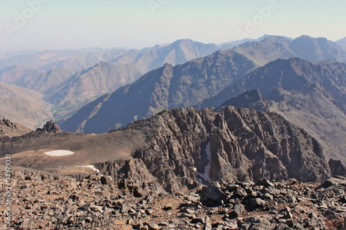 Mountain ridges in Morocco. Trekking on Toubkal - the highest peak.
