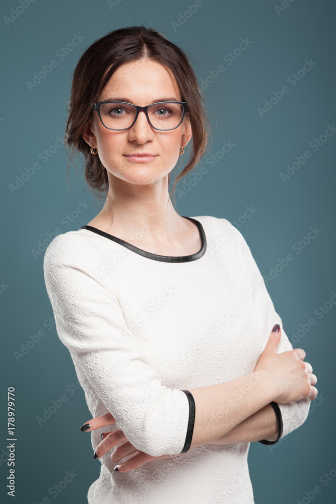 Image of good looking woman in light clothes standing Image of good looking woman in light clothes standing