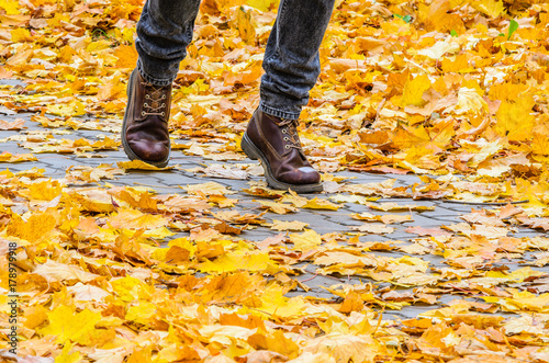 Feet in boots go on the pavement littered with maple leaves with motion blur effect. Walk in the autumn park concept