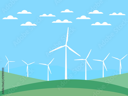 Wind turbine on green fields in a flat style. Renewable energy. Vector illustration
