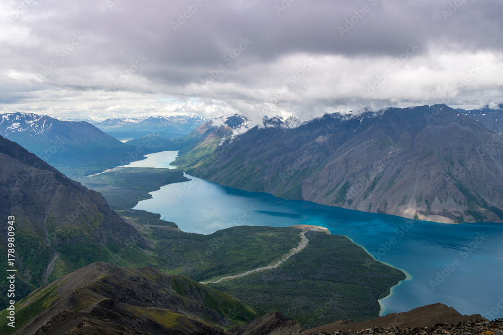 Kings throne hike with a view of Kathleen lake and Louise lake in Kluane national park, Yukon, Canada