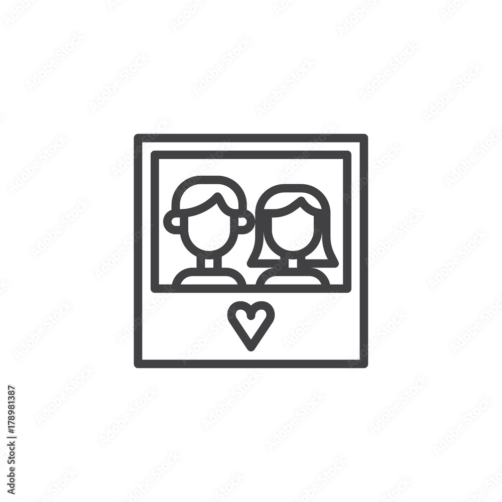 Couple picture with heart line icon, outline vector sign, linear style pictogram isolated on white. Symbol, logo illustration. Editable stroke Couple picture with heart line icon, outline vector sign, linear style pictogram isolated on white. Symbol, logo illustration. Editable stroke