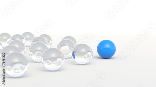 Leadership, success, and teamwork concept, blue leader ball leading glass balls. 3D Rendering.