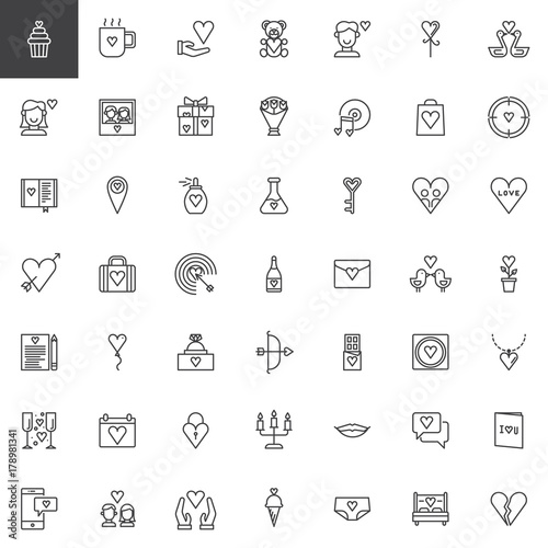 Valentine's Day line icons set, outline vector symbol collection, linear style pictogram pack. Love, wedding signs, logo illustration. Set includes icons as teddy bear, romantic music, heart, present