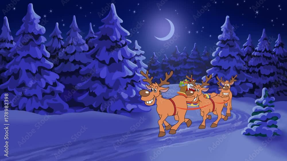 Christmas card Joyeux Noel. Greeting animation film with cartoon character Santa Claus in French language