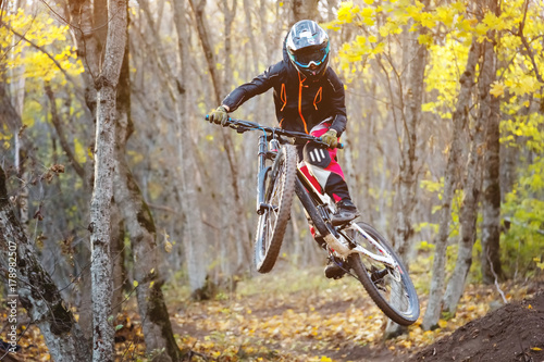 a young rider at the wheel of his mountain bike makes a trick in jumping on the springboard of the downhill mountain path in the autumn forest © yanik88