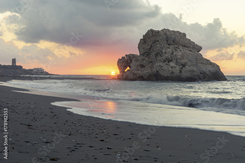 dawn in the crow rock situated in malaga, horizontal landscape