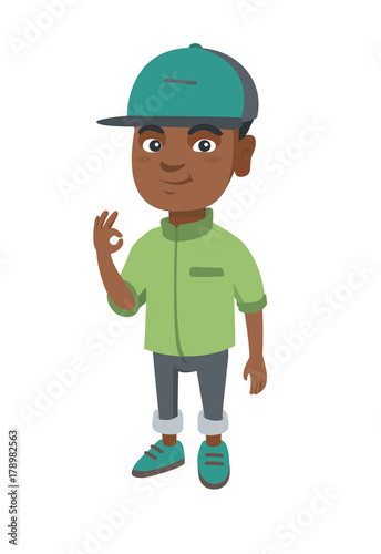 African-american little smiling boy showing an ok sign. Happy boy making an ok sign. Cheerful boy gesturing an ok sign. Vector sketch cartoon illustration isolated on white background.