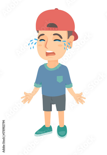 Sad caucasian boy in a cap sobbing. Full length of desperate little boy crying with mouth wide open. Vector sketch cartoon illustration isolated on white background.
