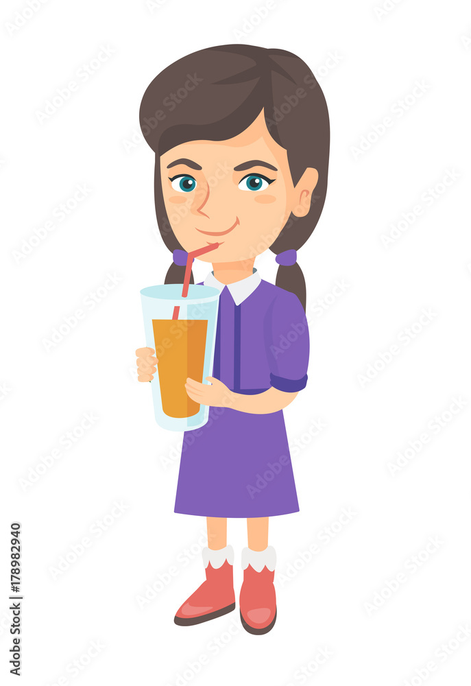 Caucasian girl drinking orange juice through a drinking straw. Little girl holding a glass of fresh orange juice with a drinking straw. Vector sketch cartoon illustration isolated on white background. Caucasian girl drinking orange juice through a drinking straw. Little girl holding a glass of fresh orange juice with a drinking straw. Vector sketch cartoon illustration isolated on white background.