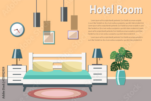 Hotel room with a sea view. Vector flat illustration