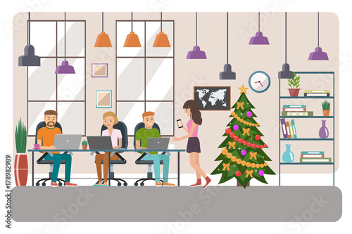 Vector illustration of co working space. Christmas working plac