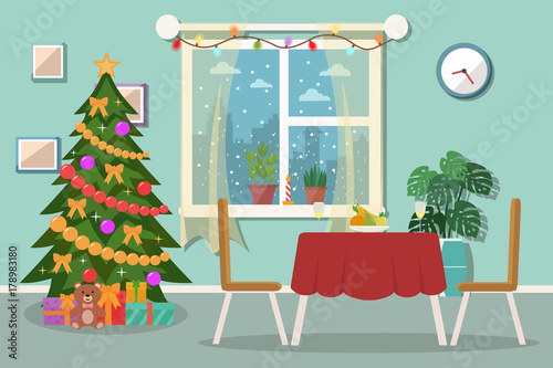Christmas dining room interior. Flat design.