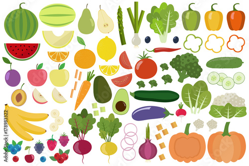 Set of fresh healthy vegetables, fruits and berries isolated. Sl