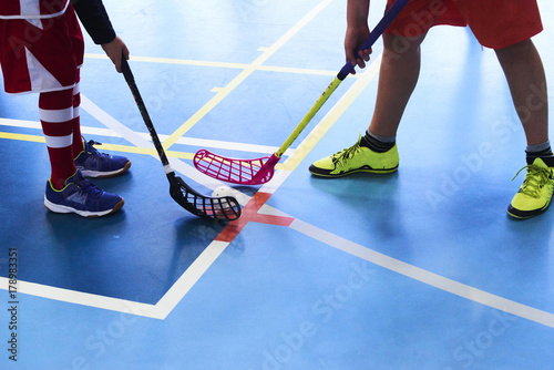 Close view of floorball players during mach n