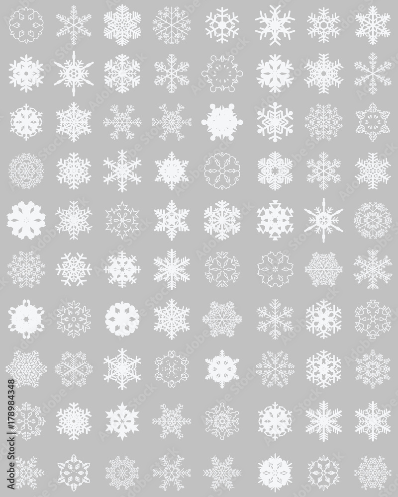 Set of different white snowflakes on a gray background Set of different white snowflakes on a gray background