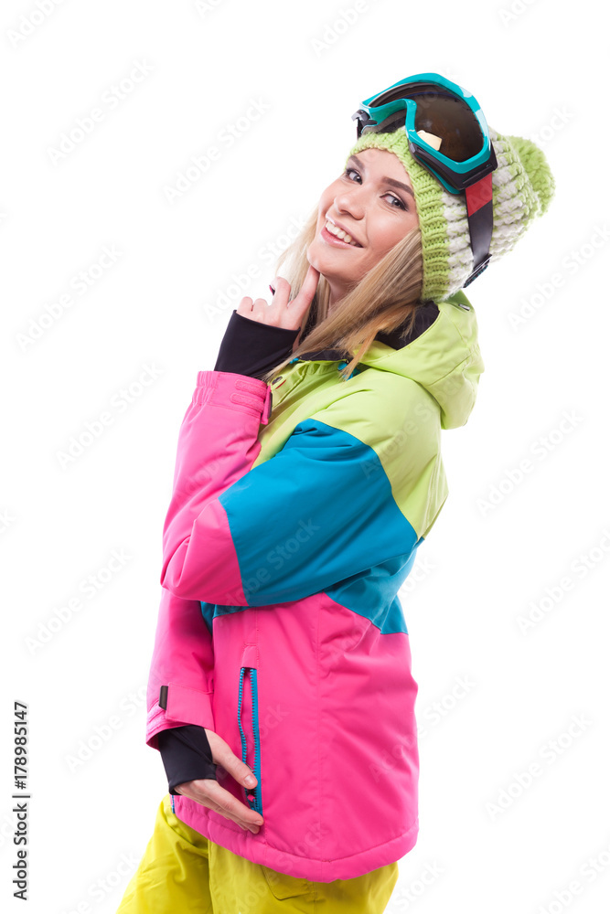 beautiful young blonde woman in colorful snow coat beautiful young blonde woman in colorful snow coat