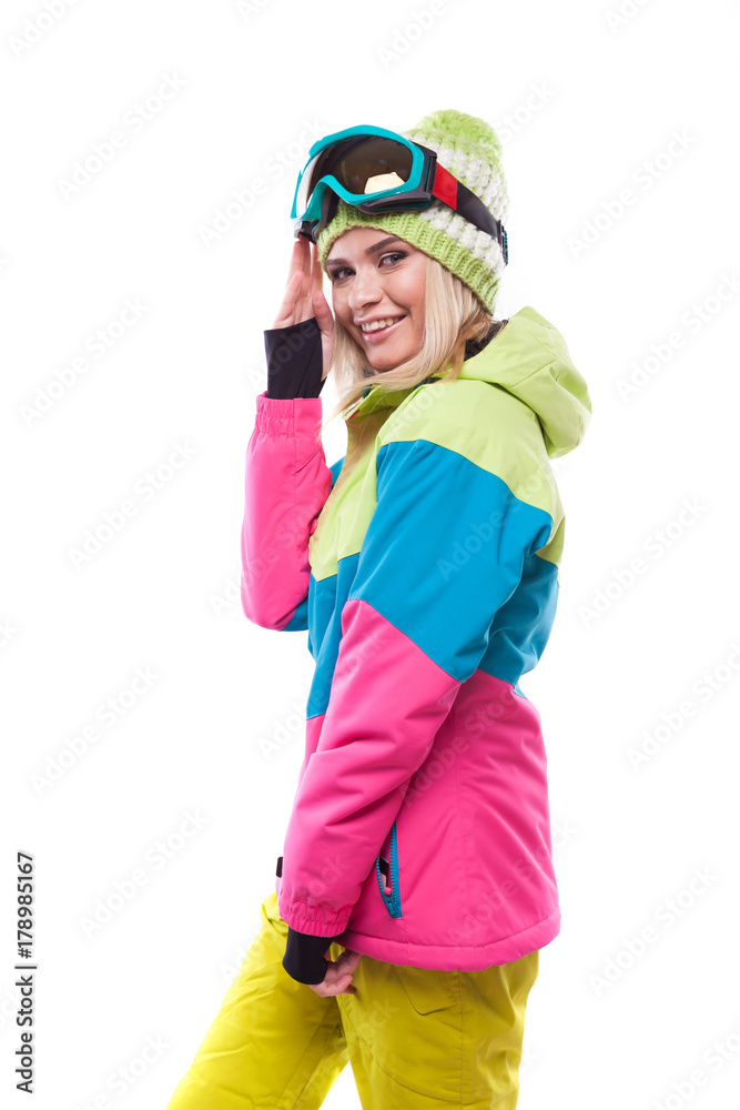 beautiful young blonde woman in colorful snow coat beautiful young blonde woman in colorful snow coat
