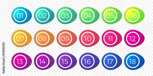 Number bullet point flat color gradient web icons set 1 to 18. Vector isolated step circle buttons or number bullet buttons of round white outline bubbles template on transparent background