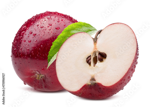 red apple with half of apple in water drops isolated on a white background
