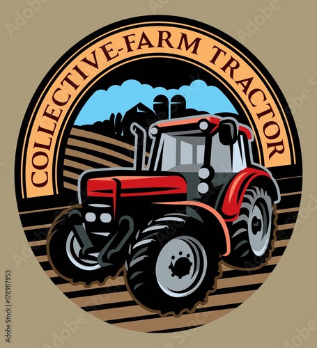 colored vector tractor pattern on the field on farm background