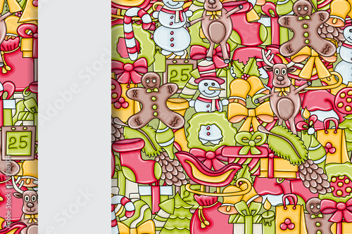 Christmas background with space for text. For a greeting card  flyer  or brochure. Hand drawn cartoon style doodle vector illustration.