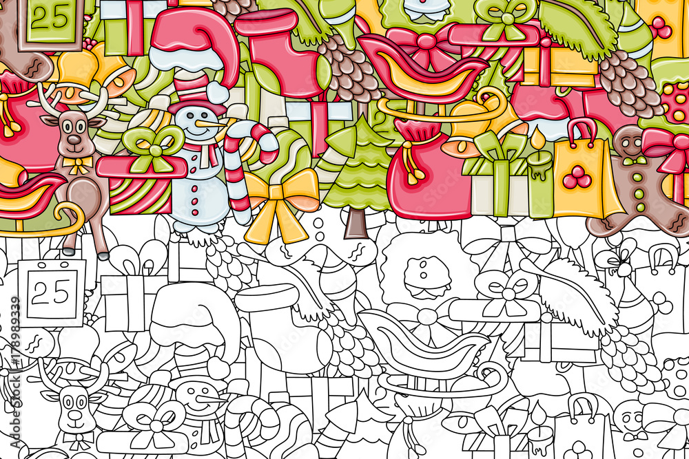 Christmas background. Black and white outlined coloring page. For a greeting card, flyer, or brochure. Hand drawn cartoon style doodle vector illustration.