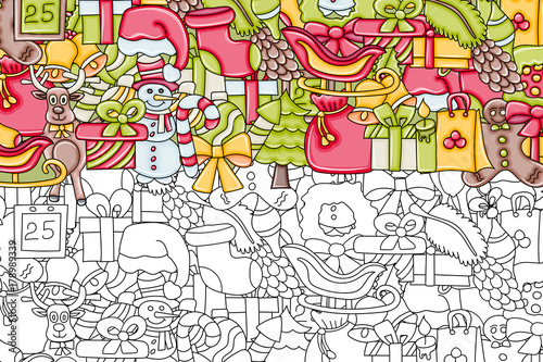 Christmas background. Black and white outlined coloring page. For a greeting card, flyer, or brochure. Hand drawn cartoon style doodle vector illustration.