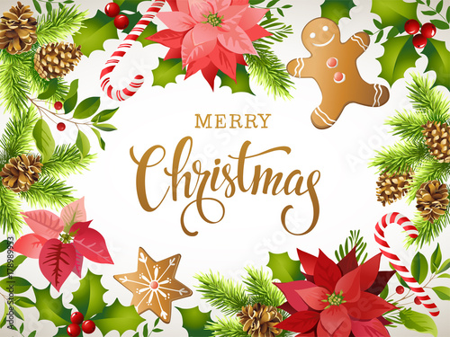 Christmas design composition of poinsettia, fir branches, cones, gingerbread, candy cane, holly and other plants. Cover, invitation, banner, greeting card.