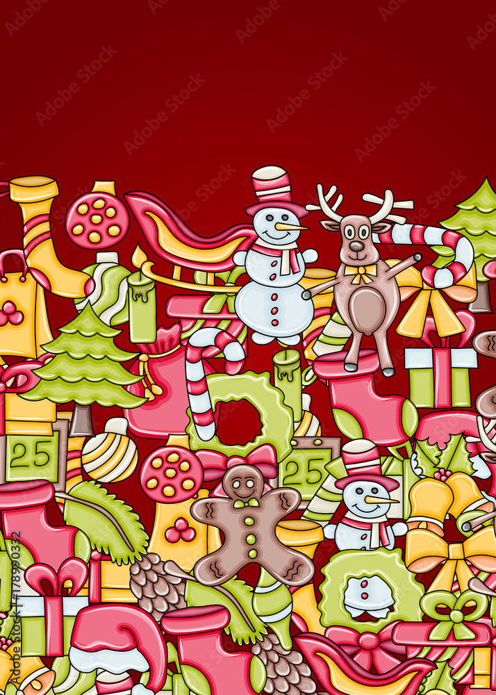 Christmas background with space for text. For a greeting card, flyer, or brochure. Hand drawn cartoon style doodle vector illustration.