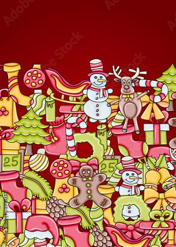Christmas background with space for text. For a greeting card  flyer  or brochure. Hand drawn cartoon style doodle vector illustration.