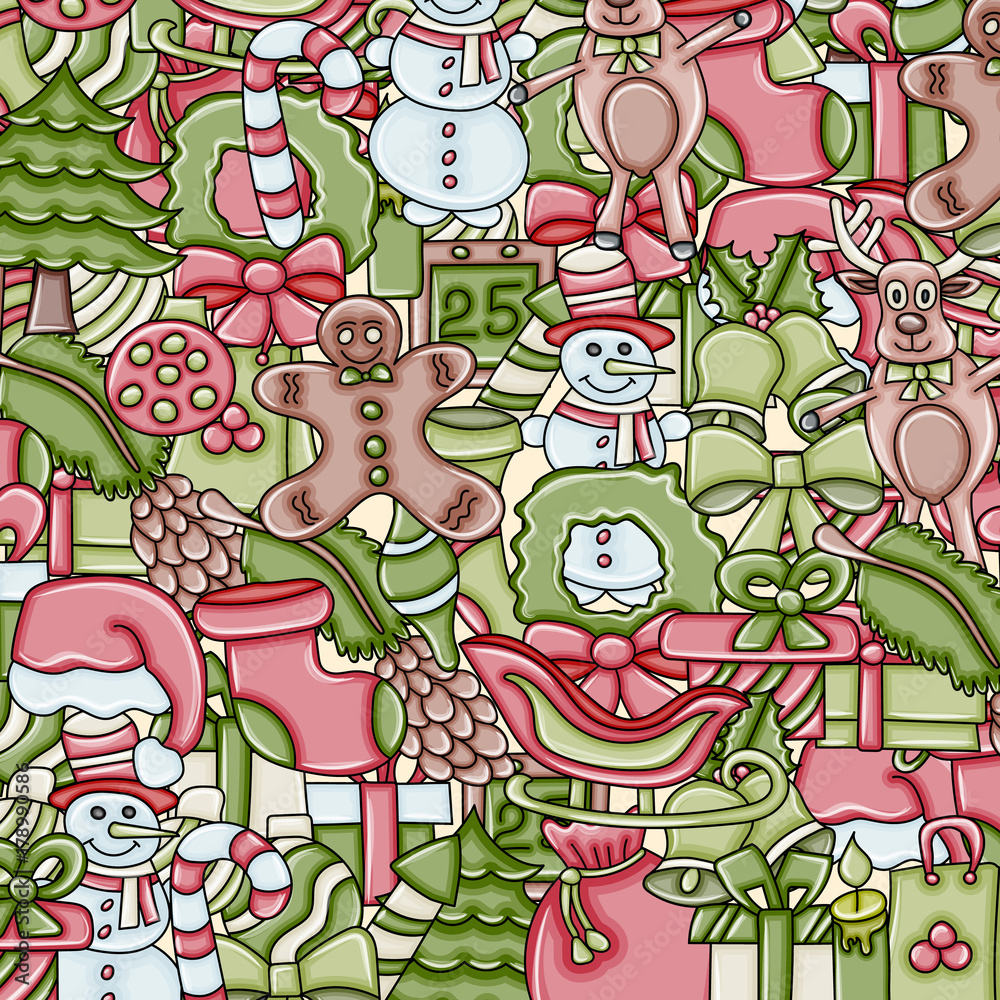 Christmas background with space for text. For a greeting card, flyer, or brochure. Hand drawn cartoon style doodle vector illustration.