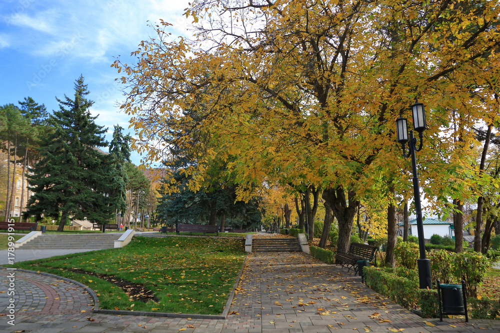 An autumn scene in a public park with falling golden leaves. Pyatigorsk, Russia